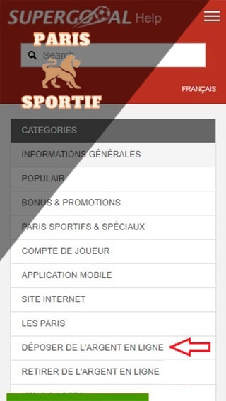 page d'aide sur le site mobile de supergooal sur le dépôt