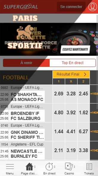 page d'accueil dans l'application mobile supergooal