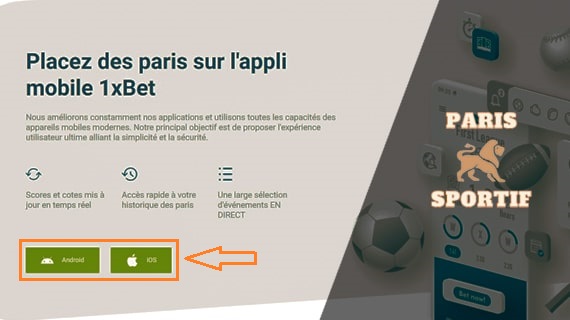 fragment de la page de l'application mobile 1xbet