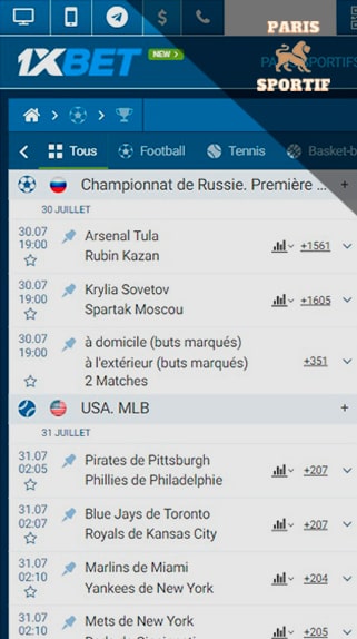 la page de paris du site web 1xbet dans l'application mobile