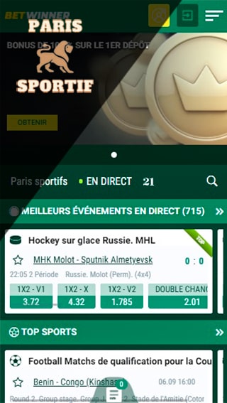 la page principale du bookmaker betwinner dans l'application mobile