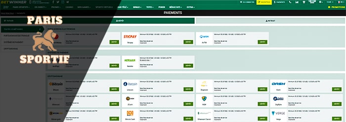 page du site Web de betwinner avec les systèmes de paiement disponibles pour les dépôts et les retraits