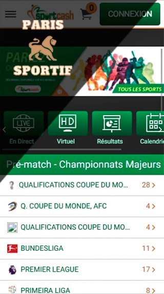 page d'accueil du bookmaker sportcash dans l'application mobile