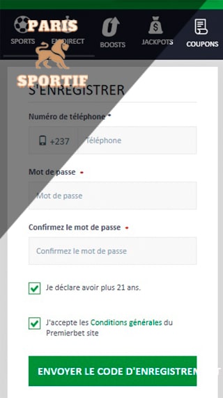 formulaire d'inscription au bookmaker premier bet depuis un téléphone portable