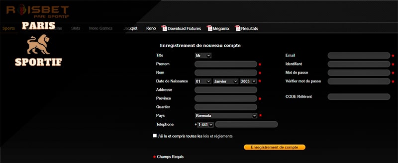 page d'inscription sur le site du bookmaker roisbet