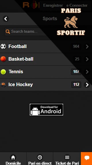page de paris sportifs dans l'application mobile roisbet
