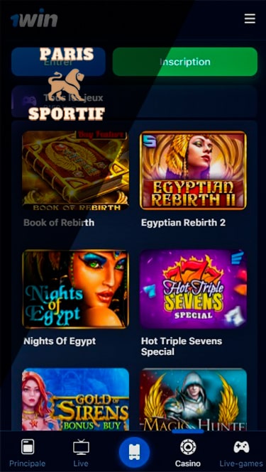 Page d'accueil du casino 1win dans l'application mobile