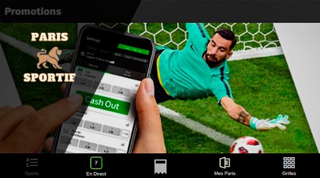 page de bonus dans l'application betway