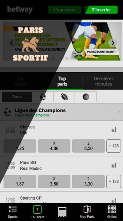page principale de l'application betway