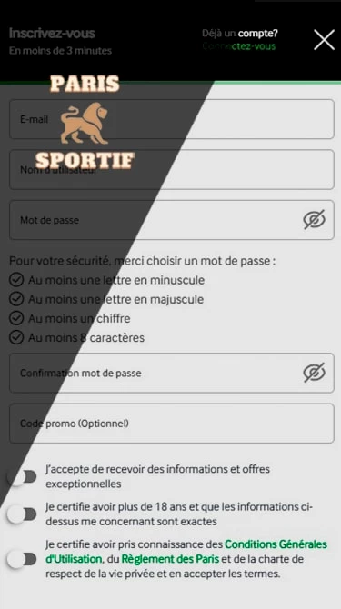 page d'inscription à l'application mobile betway